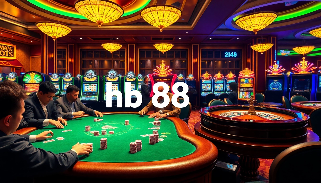 Exciting casino scene featuring high-stakes poker game and 'Hb 88' themed decor.