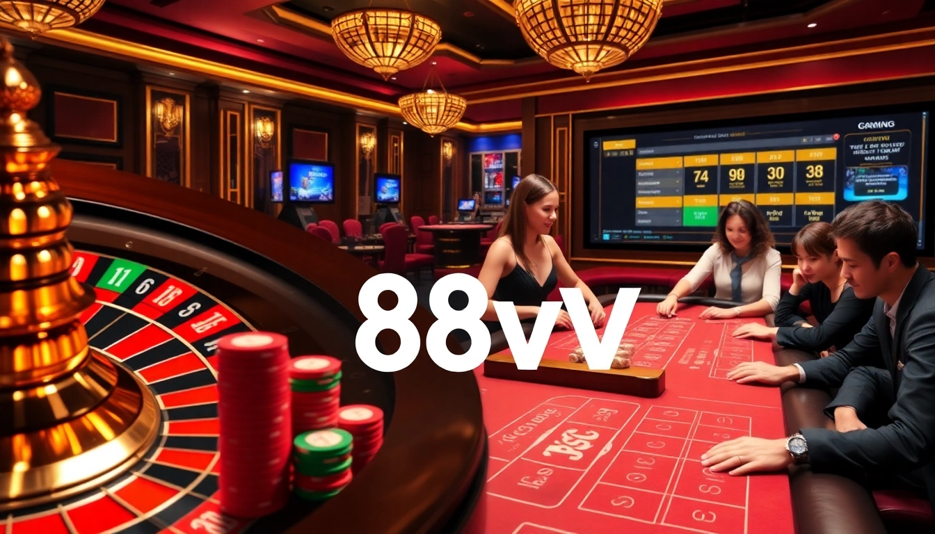 Experience the thrill of 88vv with vibrant casino visuals capturing poker, roulette, and blackjack.