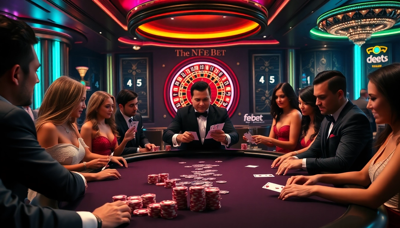 Players engaging in high-stakes poker at fe bet with vibrant casino decor and colorful chips.