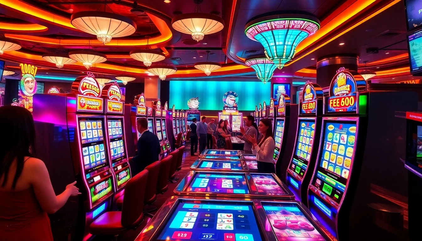 Experience nổ hũ ee88 excitement with players winning at vibrant slot machines in a luxury casino setting.