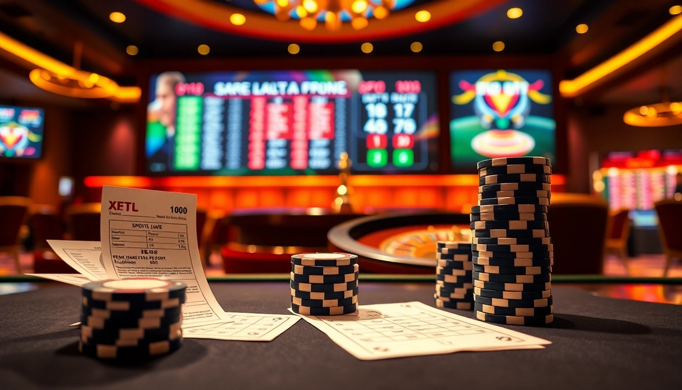 Experience the thrill of tỷ lệ kèo bóng đá 88 at a luxurious casino with tables and betting slips.
