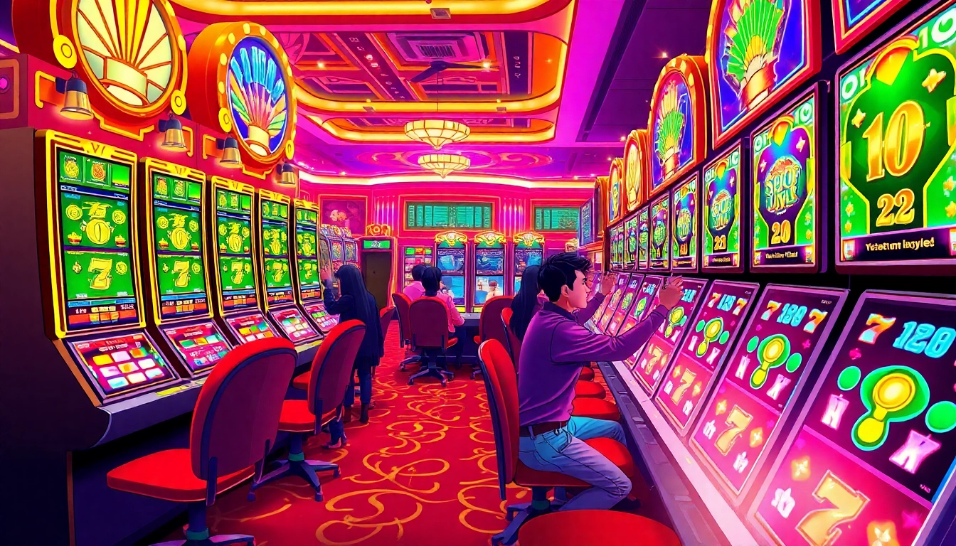 Experience the thrill of nổ hũ xn88 as players chase jackpots amidst bright casino lights and vibrant slot machines.