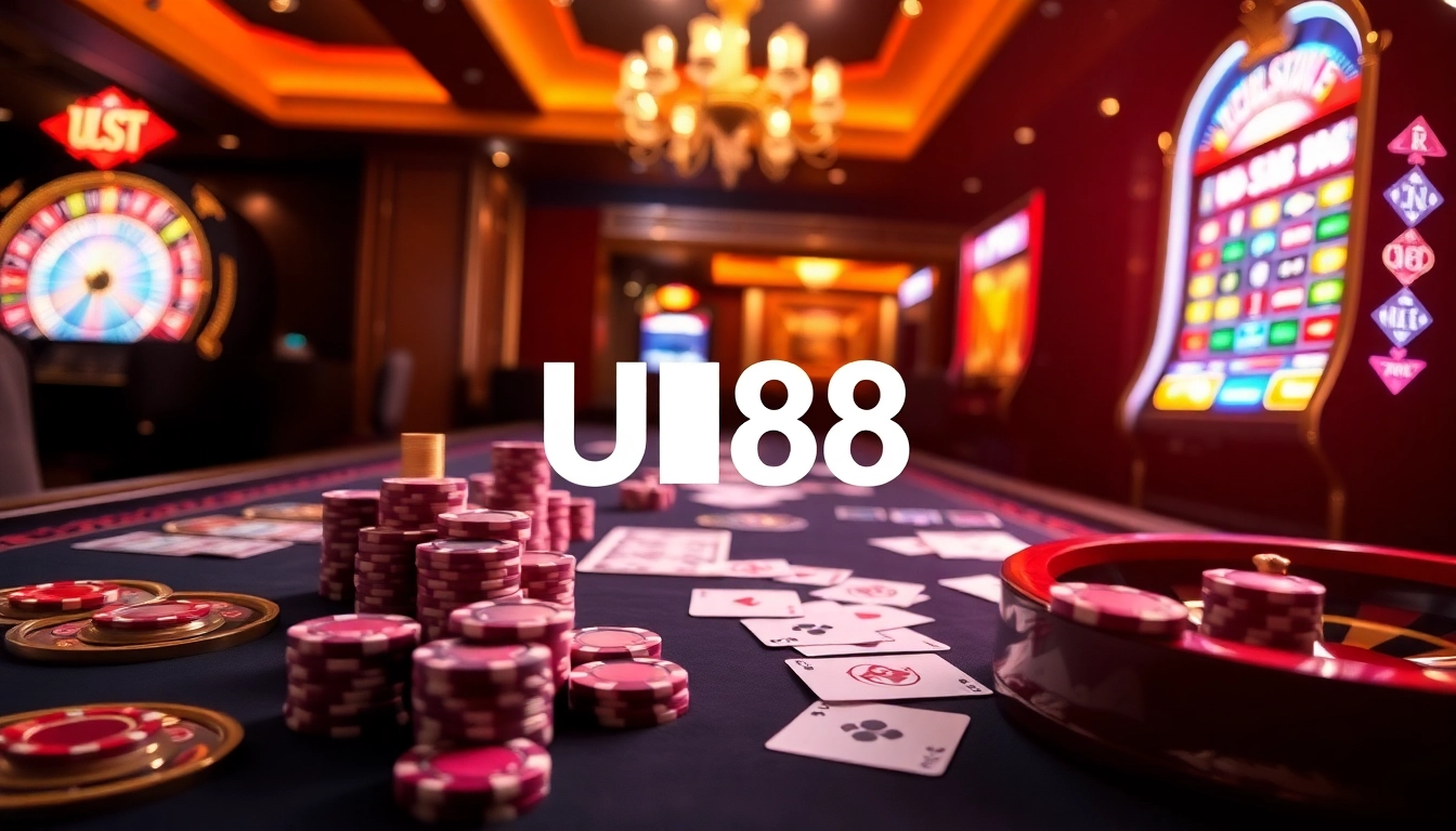 Experience the thrilling excitement of UU88 with a vibrant casino table and roulette wheel.