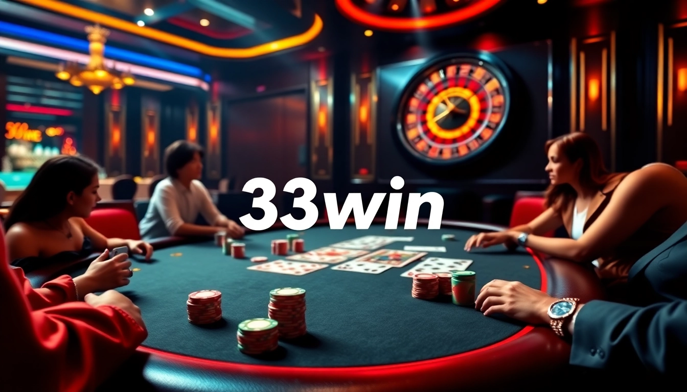 Players engaging in a thrilling online game atmosphere at 33win casino, with vibrant poker and roulette games.