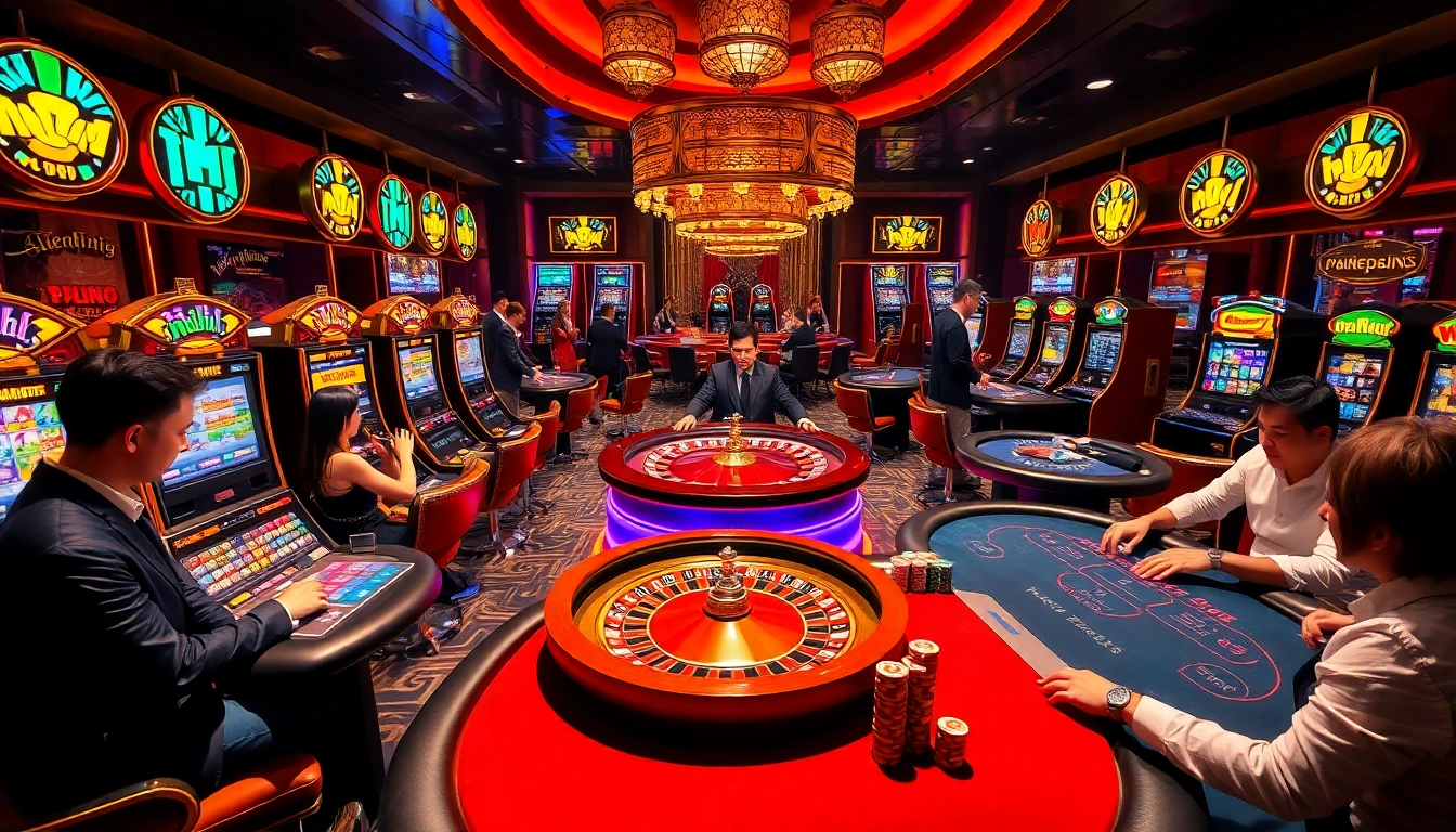 Nohu-themed casino scene with vibrant slot machines and lively poker games.