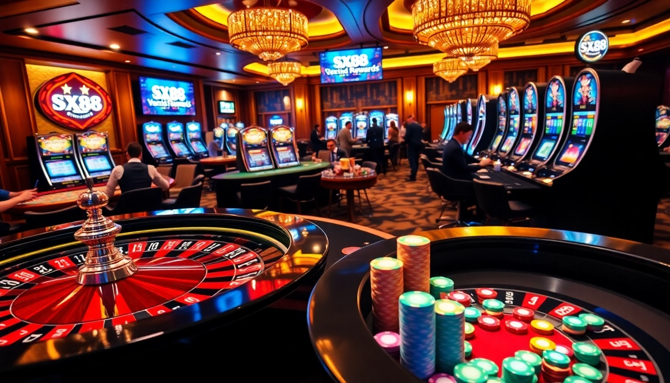 SX88 casino scene with vibrant roulette table and colorful poker chips in an exciting atmosphere.