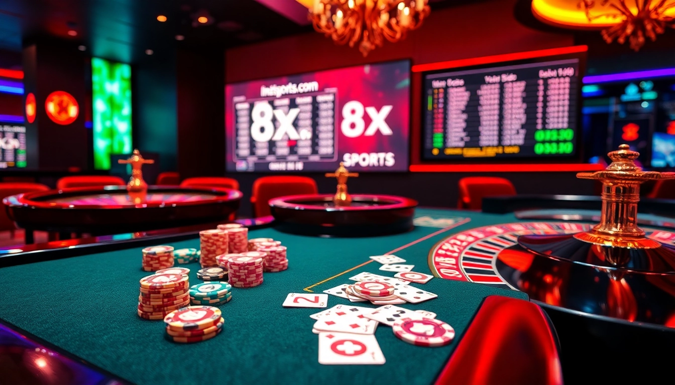 Engaging casino scene with betting action at https://8xbetsports.com featuring vibrant tables and exciting gameplay.
