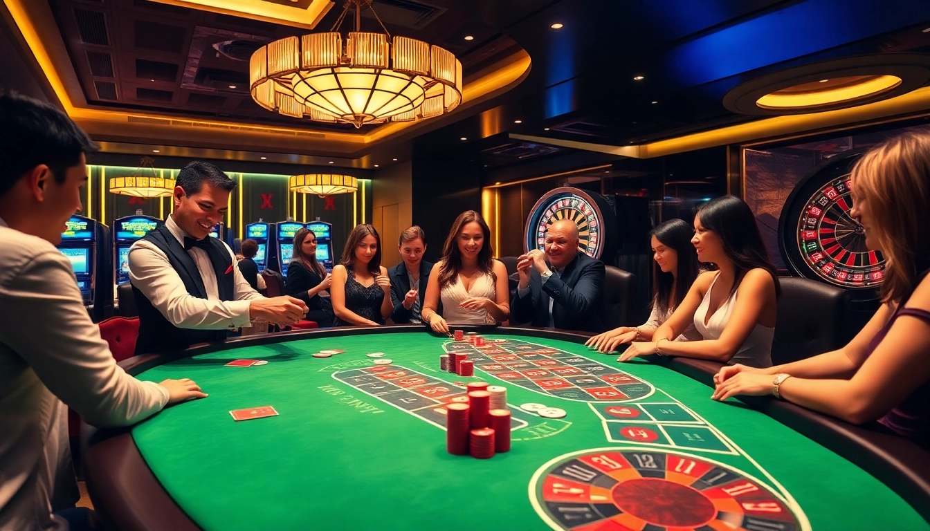 Players enjoying a thrilling baccarat game at https://mb66.ski/, showcasing excitement and luxury in a modern casino.