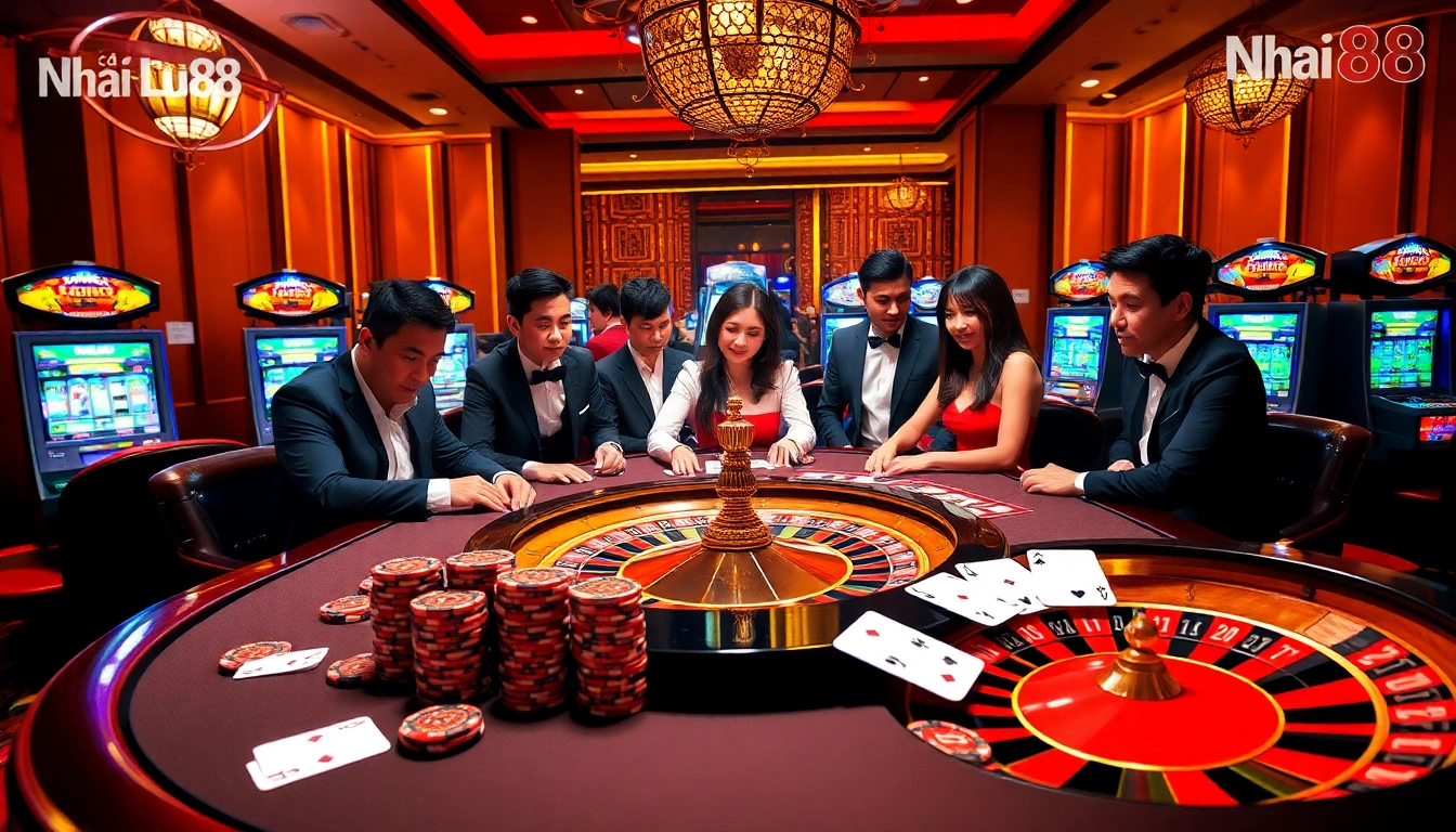 Experience the excitement of Nhà cái Lu88 with vibrant casino gaming tables, cards, and roulette wheels.