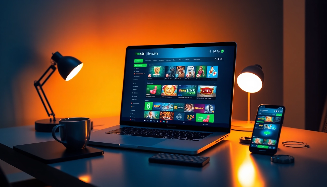 Dynamic TR88 online gaming interface displayed on a laptop and smartphone, showcasing diverse gaming options.