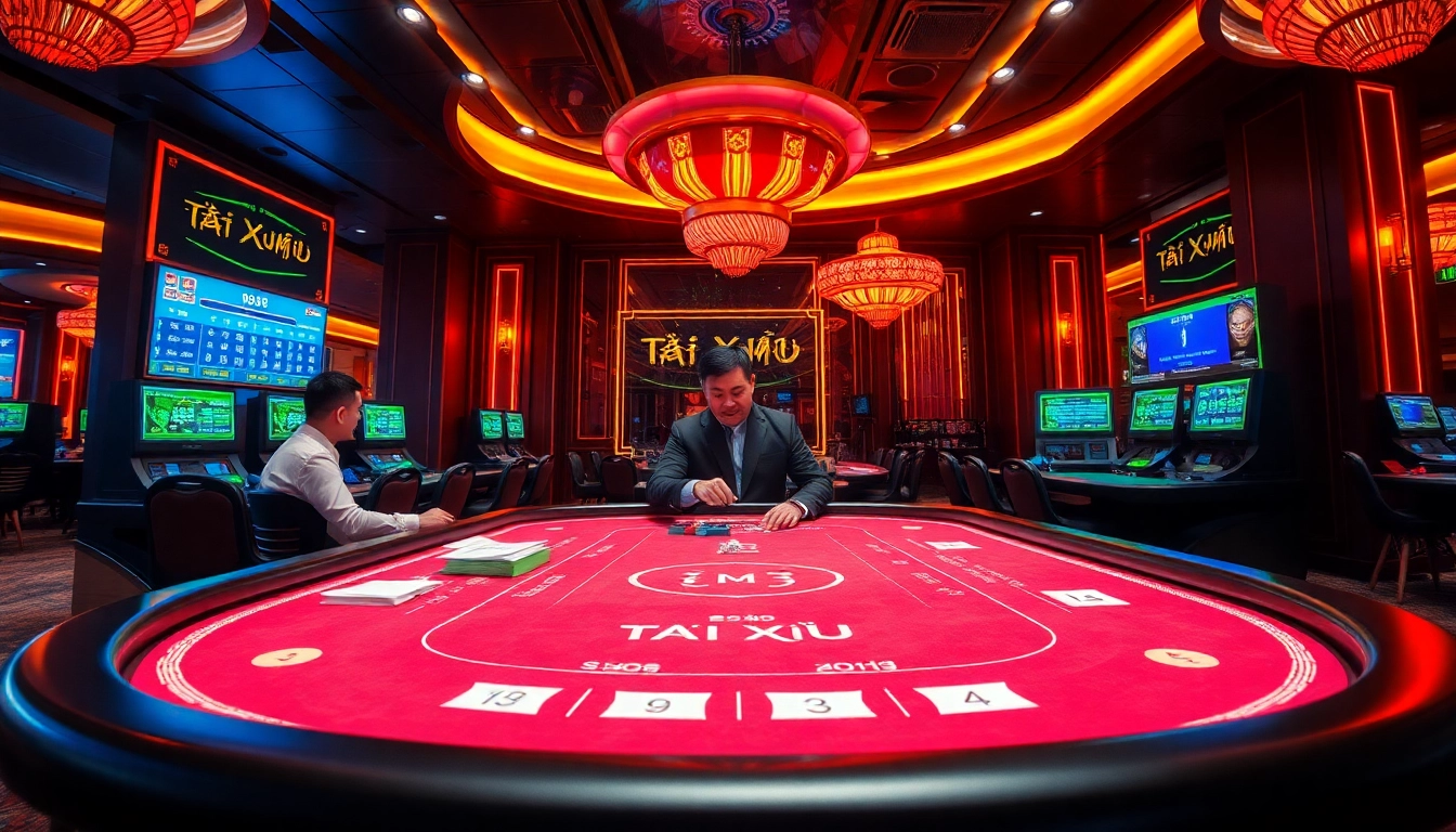 Tài xỉu md5 gaming table with excited players and professional dealer in a luxurious casino.