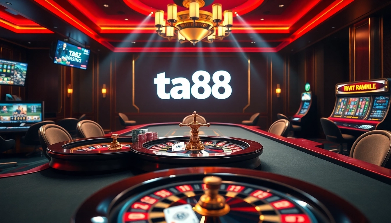 High-stakes gaming table at ta88 club showcasing vibrant poker and roulette excitement.