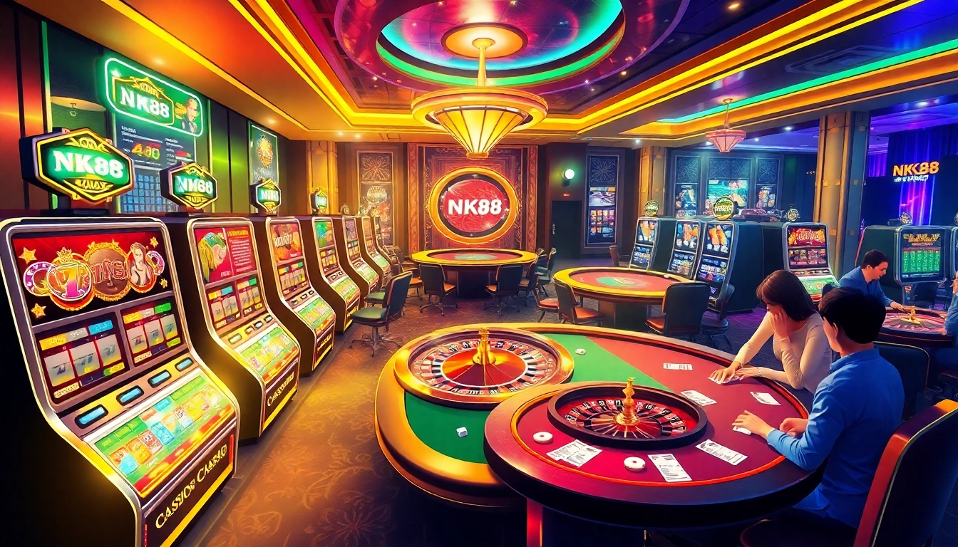 Players enjoying exciting games at NK88 casino with vibrant slot machines and roulette tables.