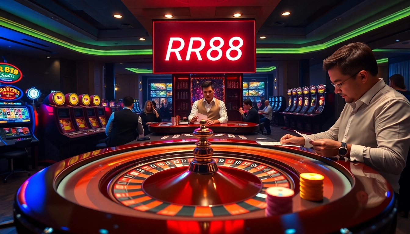 Betting excitement at a casino scene featuring RR88, roulette wheel, and engaging players.
