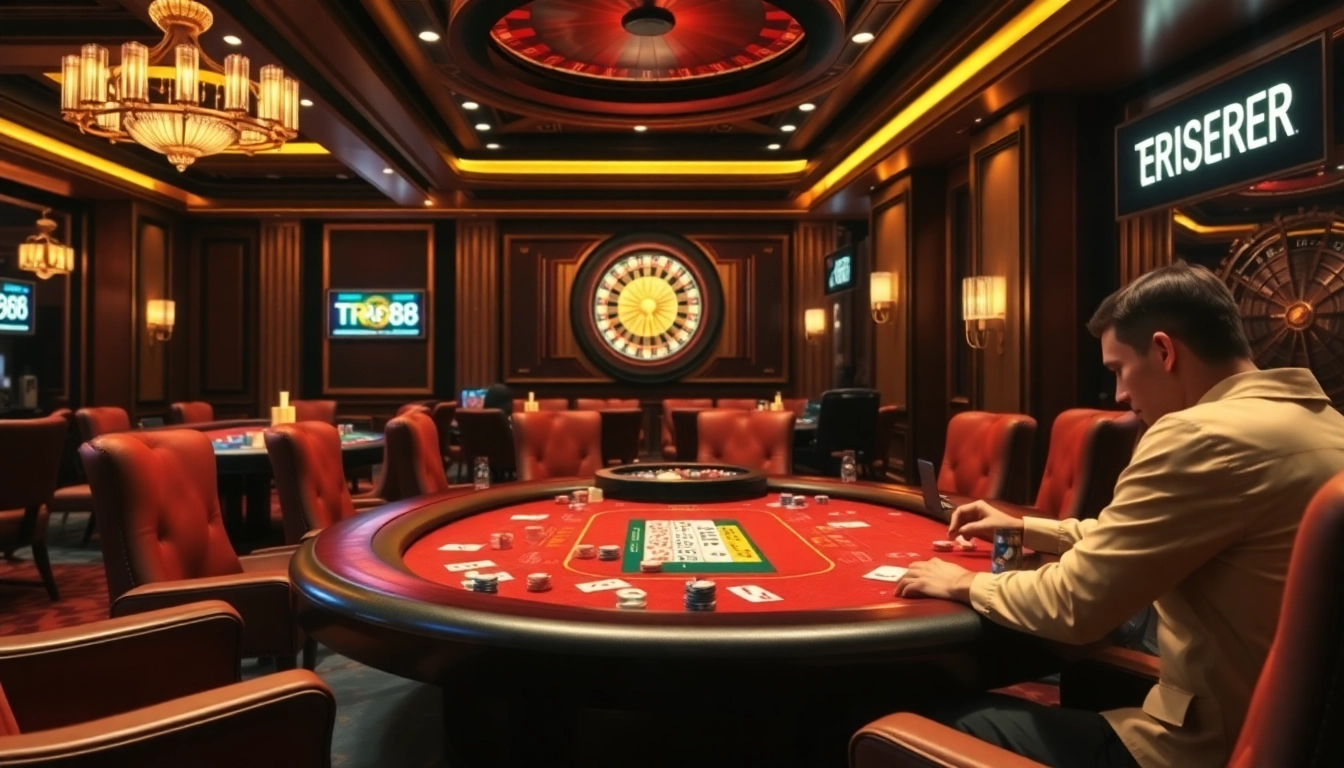 Experience high-stakes gambling at a TR88-themed casino with vibrant poker chips and intense gameplay.