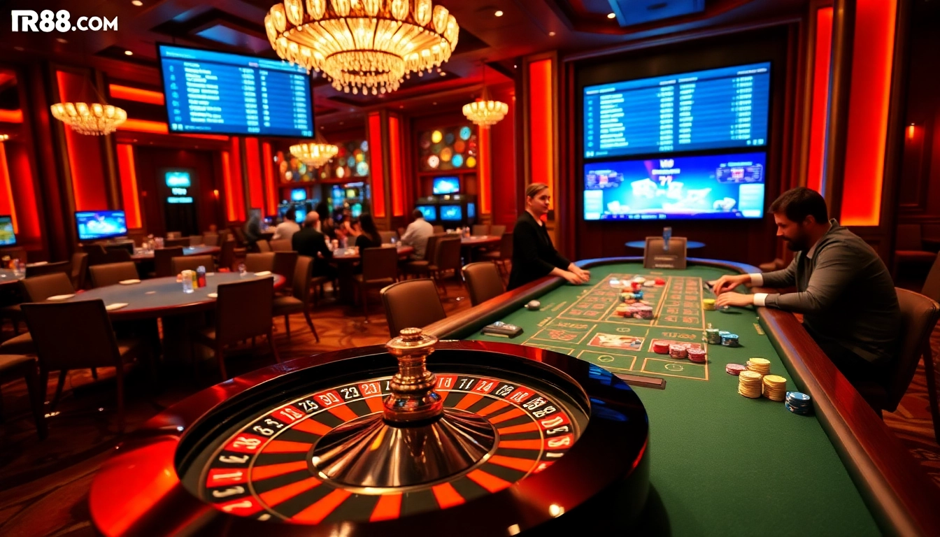 Engaged players at RR88.com enjoy live gambling experiences with a poker table and roulette wheel.