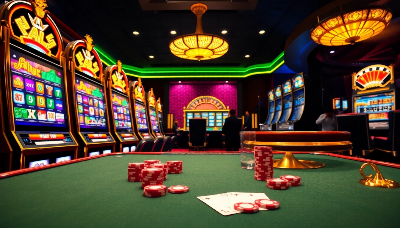 Spin the vibrant nổ hũ xn88 slot machines in a luxurious casino setting, filled with excitement and chances to win.