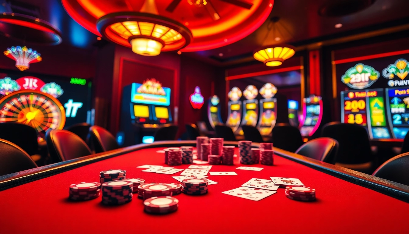 Experience the thrill of online gaming at https://dola88vn.com/ with a vibrant casino scene showcasing poker excitement.