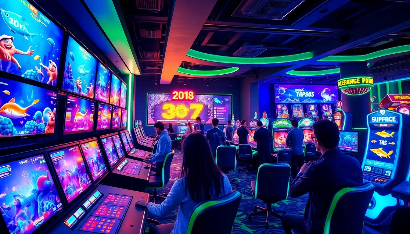 Bắn cá đổi thưởng players competing in an exciting underwater adventure at a vibrant casino setting.