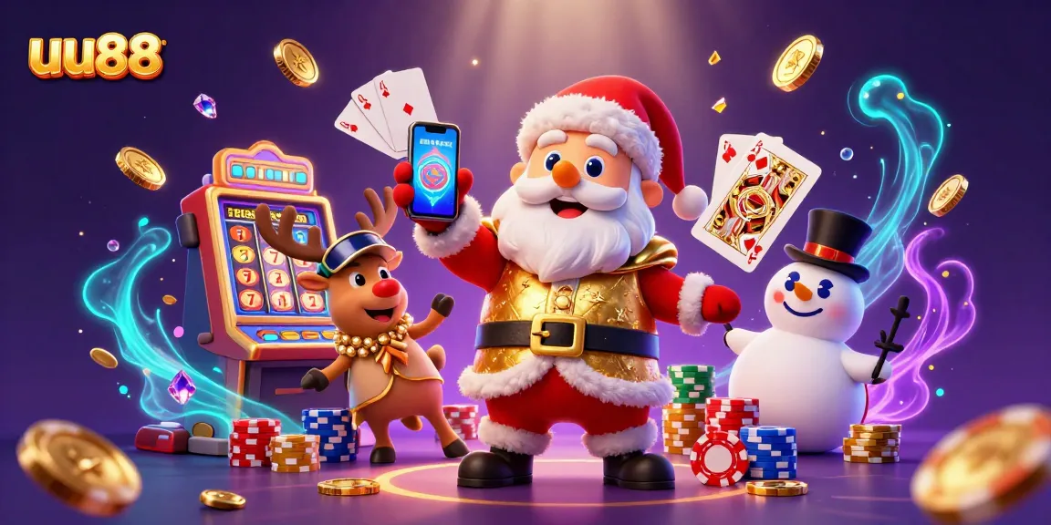 Engage with uu88's thrilling casino experience featuring animated Santa, poker chips, and jackpot slots.