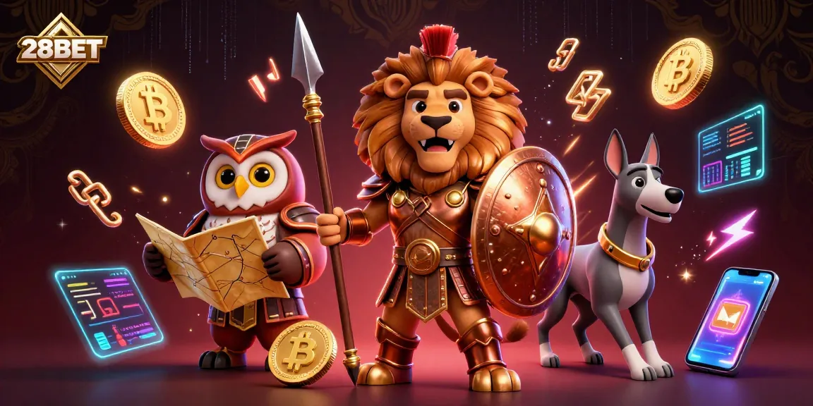 Engage with 28BET's thrilling gaming experience featuring a Spartan lion, tactical owl, and swift greyhound amid dynamic crypto visuals.