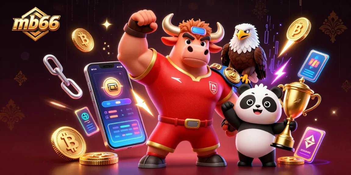 Bet on mb66 with an energetic scene featuring a muscular bull, eagle, and panda amidst neon crypto elements.