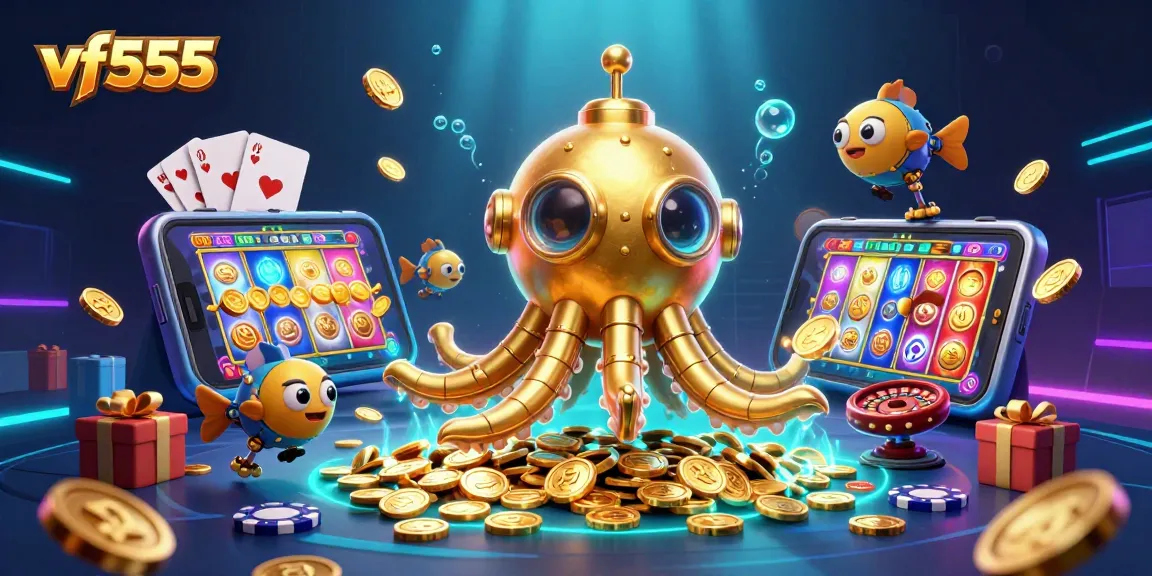 Win big at vf555 with 3D casino characters immersed in golden coins and vibrant game elements.