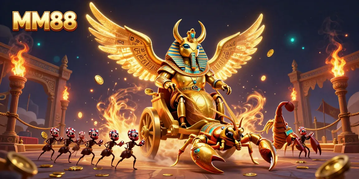 Win big at MM88 with a dynamic casino scene featuring a golden beetle and a chariot.
