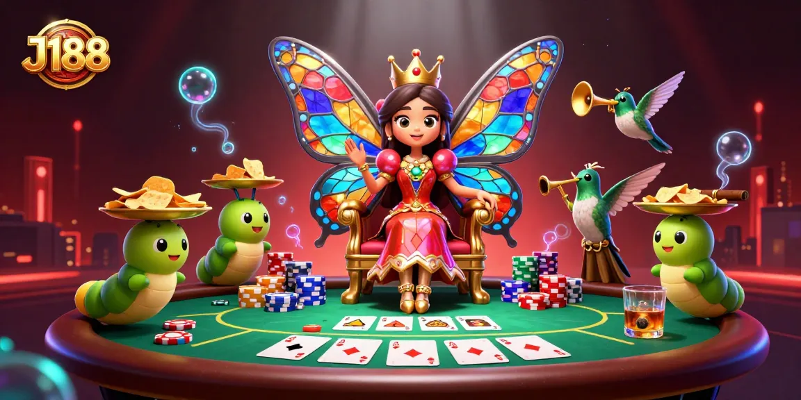 Engage with J188's vibrant casino scene featuring a butterfly queen, poker chips, and dynamic gameplay elements.