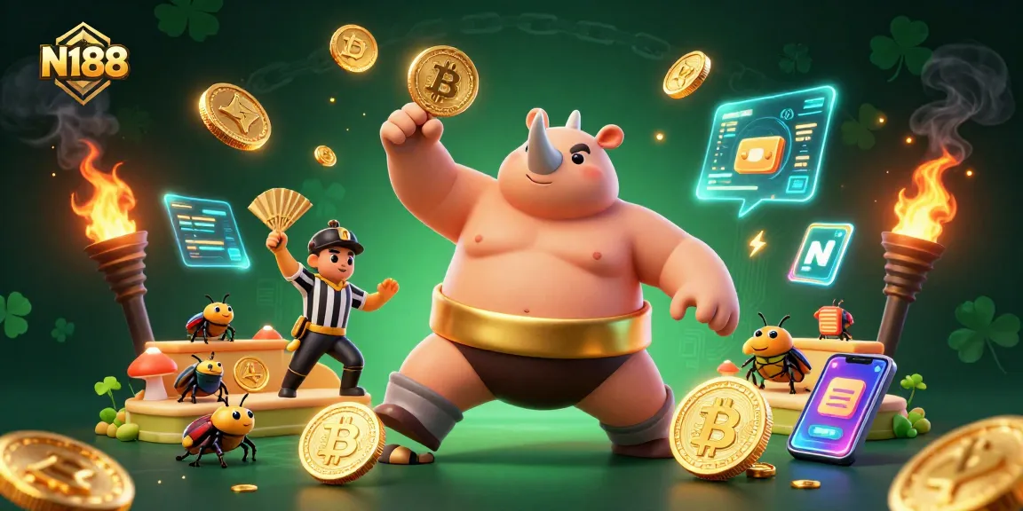 N188 showcases a cartoon beetle sumo champion celebrating with flying coins, perfect for online gambling.