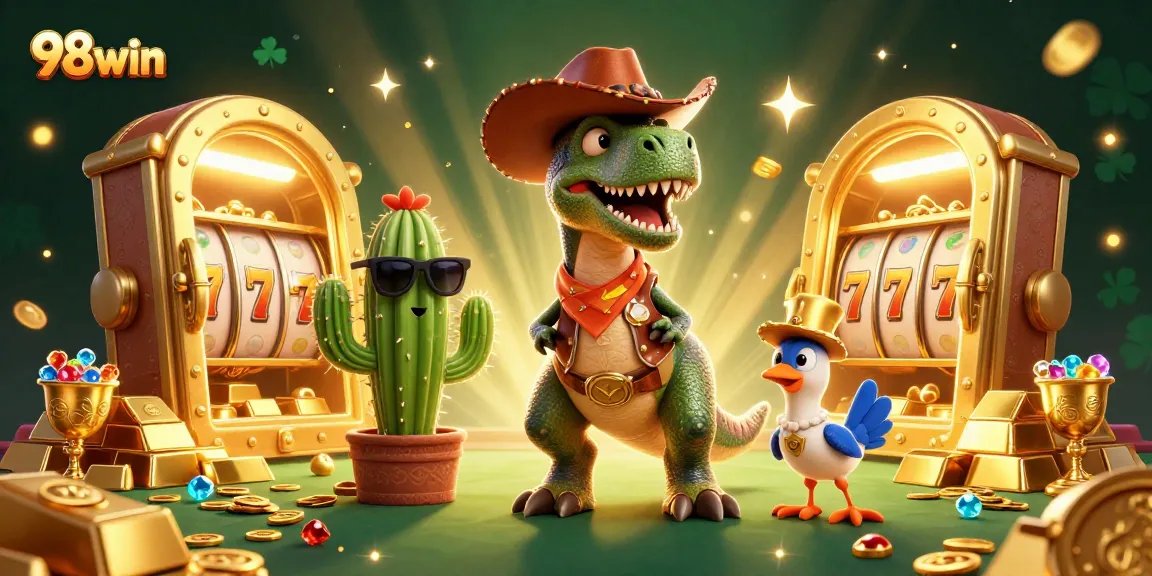 Experience thrilling gaming excitement at 98win, featuring a colorful cowboy dinosaur and slot elements.