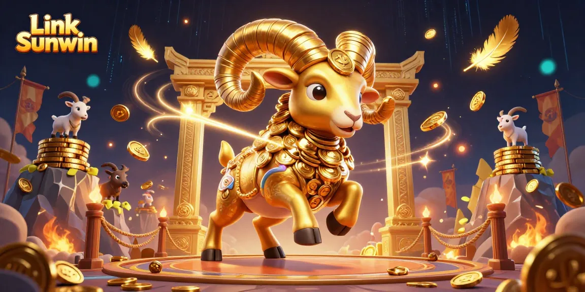 Bet big with Link Sunwin at a vibrant 3D casino, featuring an energetic golden ram and coin-stacked action.