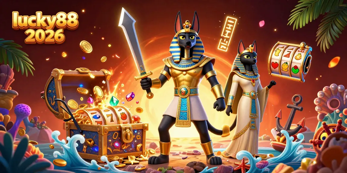 Experience the thrill of lucky88 2026 with vibrant slot reels and Egyptian warriors in a stunning scene.