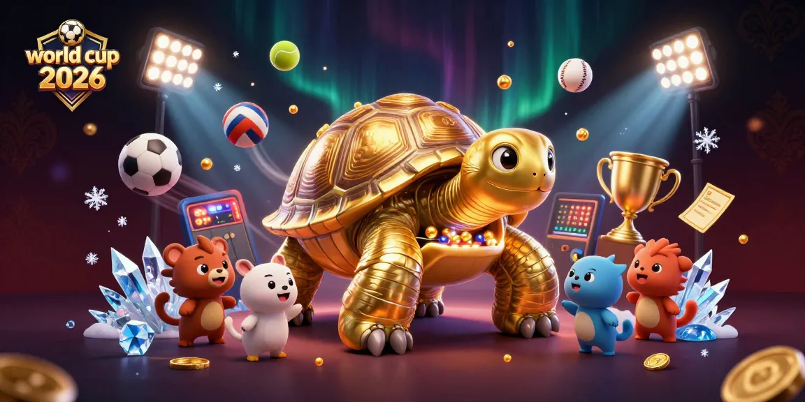 Engage with the thrilling action of world cup 2026 featuring a colossal golden tortoise pinball machine and vibrant sports elements.