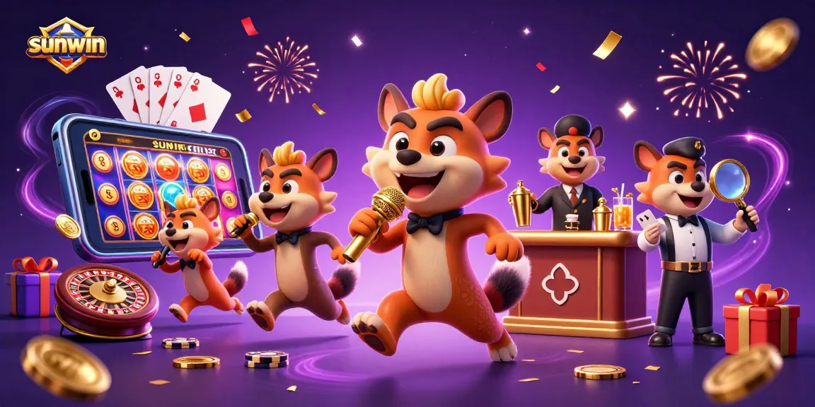 sunwin casino hyenas performing at a comedy club with vibrant game elements and festive atmosphere