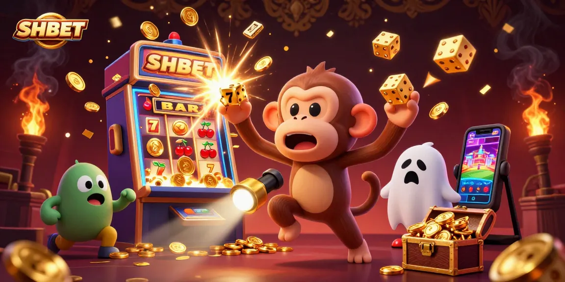 SHBET showcases a mischievous monkey juggling casino elements as a ghost-hunter puppy tracks it in vivid 3D.