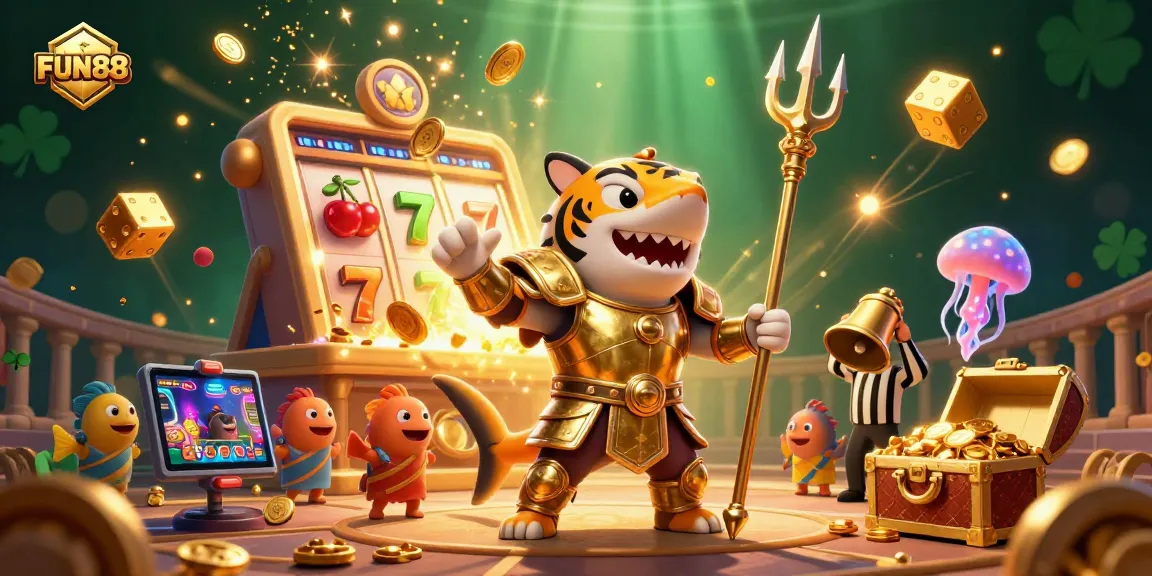 Experience FUN88's exhilarating online casino with a vibrant 3D scene featuring a tiger shark in gladiator armor, slot machines, and underwater excitement.